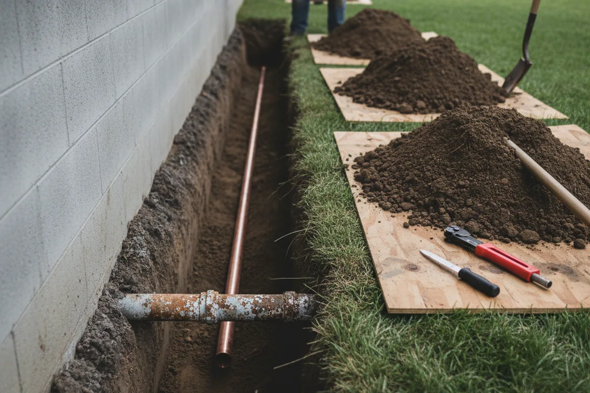 Excavated water line trench during Sewer Line Repair in Williamsburg
